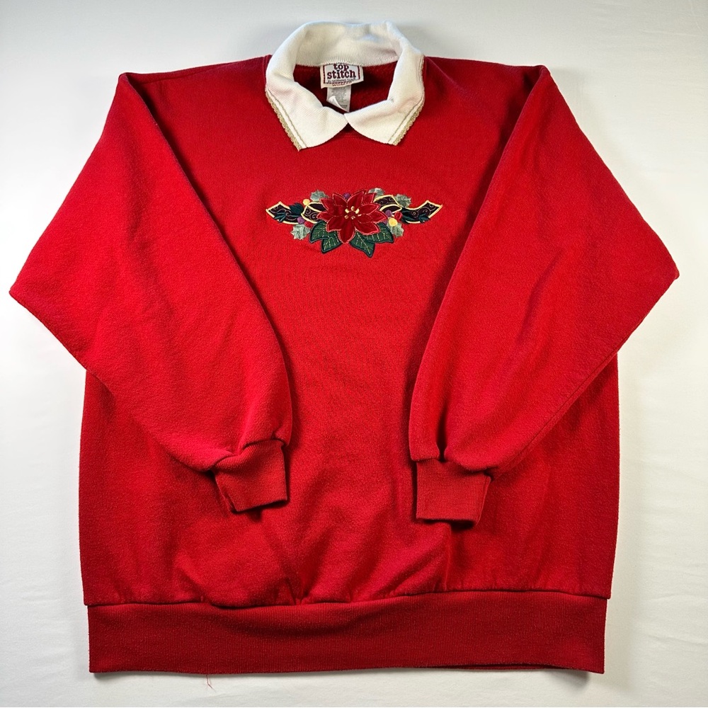 Vintage Top Stitch Poinsettia Sweatshirt Womens XL Embroidered Collared